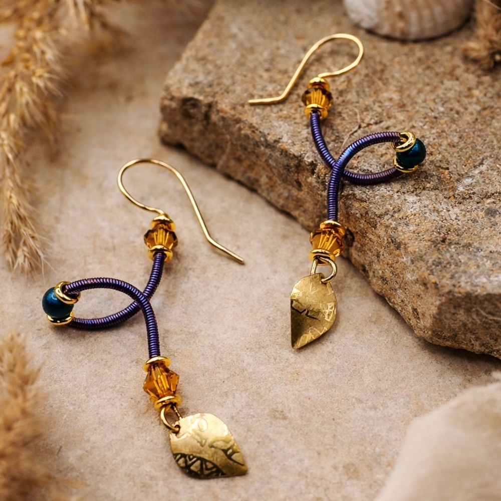 Vintage Holly Yashi Purple Blue Gold Wire Wrap Niobium Leaf Drop Earrings